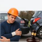 פיצויים על תאונת דרכים בעבודה - גבר חובש קסדה כתומה אוחז בידו הפצועה על רקע תאונת דרכים, בצד פטיש שופט