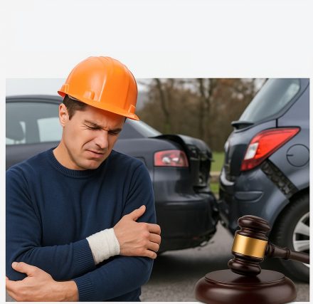 פיצויים על תאונת דרכים בעבודה - גבר חובש קסדה כתומה אוחז בידו הפצועה על רקע תאונת דרכים, בצד פטיש שופט